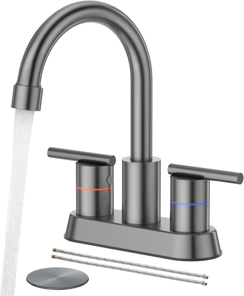 faustina Gery Bathroom Faucet, 4 Inch Centerset Faucet for Sink 2 Holes 3 Holes，Two Handles 304 Stainless Steel with Pup up Drain Assembly and 2 Water Supply Lines for RV Vanity - Image 1